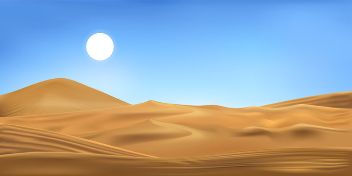 Vector illustration of desert panorama landscape with sand dunes on very hot sunny day summer, Minimalist panoramic cartoon nature empty sand and sun with clean sky.