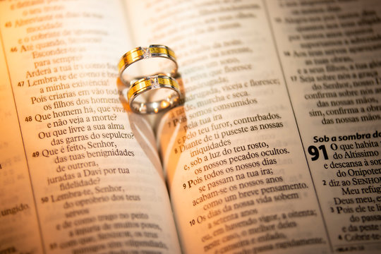 close up on wedding rings over bible