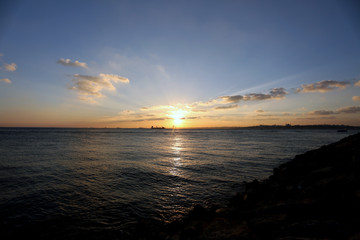 Sunset view of marmara sea and cargo ship