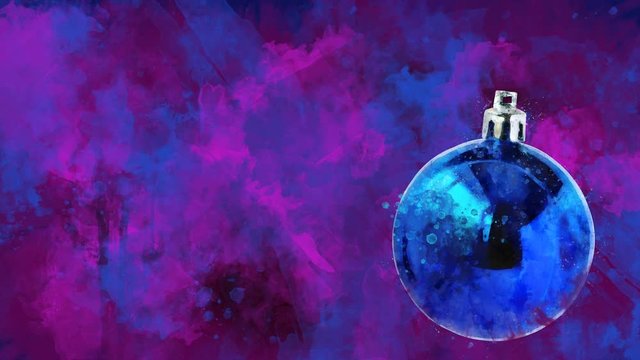Watercolor Christmas decoration navy ball on the back-ground of colored blots.