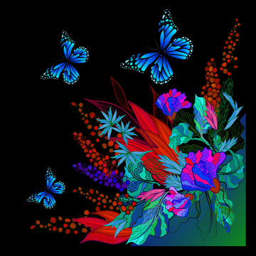 Rainbow abstract flower with butterflies. Vector illustration