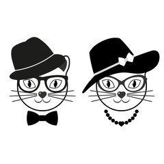 set of cute cats in hats and glasses on a white background