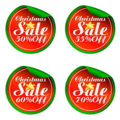 Christmas red,green sale stickers set 50%, 55%, 60%, 70% off.Vector illustration