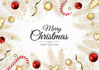 Christmas greeting card with Christmas Tree Decorations, Pine Branches, snowflake and confetti.