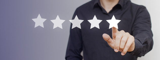 User giving 5 star for a good service or product. Review from a businessman, rating the level of...