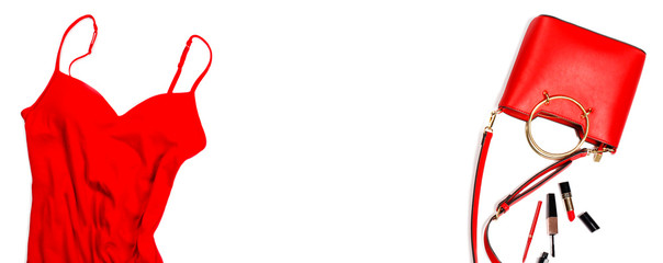 Women's set of fashion accessories in red color on white background: dress, handbag and cosmetics....