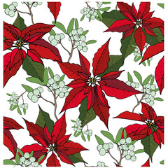 Christmas seamless pattern of red poinsetia and nuts and mistletoe, on a white background. Christmas decoration on white. Vector EPS 10.