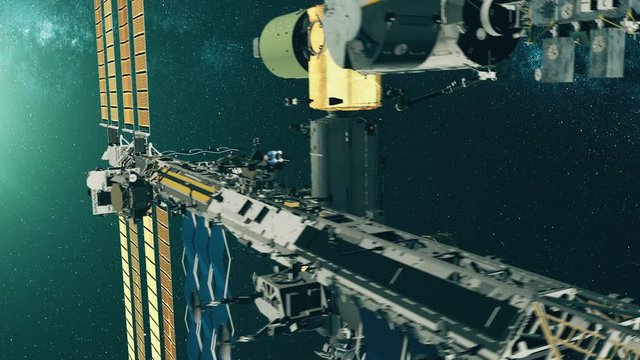 Close up of ISS charging solar panel from starligh. International Space Station pan left. Realistic view from outer cosmos. 3d render animation. 4K. Elements of this image furnished by NASA