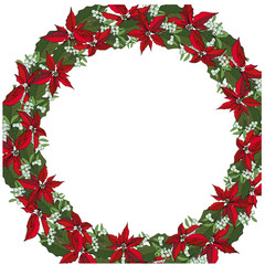 Vector christmas wreath. From red poinsettia and cinnamon, and mistletoe, on a white background. Christmas decoration on white. Vector EPS 10.