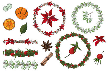 Vector Christmas set of brushes, wreaths, elements. From red poinsettia and cinnamon and mistletoe, rose hip, nuts, cotton bolls, twigs, bows on a white background.Vector EPS 10.