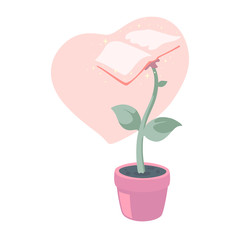 Vector illustration of plant in pot with book flower in blossom. Heart on background.