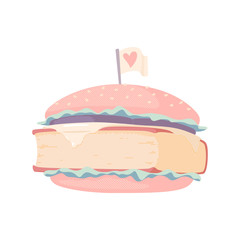 Vector illustration of burger with book instead of meat. Not traditional colors. Mental pabulum. 