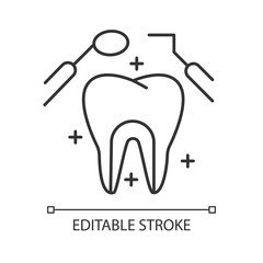 Dental care linear icon. Medical procedures. Dentistry. Odontology. Tooth examination. Caries prevention. Thin line illustration. Contour symbol. Vector isolated outline drawing. Editable stroke