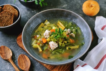 Healthy turnip soup with chicken breast, cabbage, carrots and tomato.