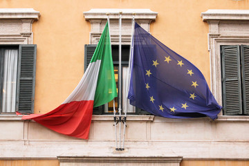 Flags of European Union and Italy. Background flags of Europe and Italy.