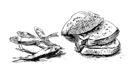 Bread and sprat fish, hand drawn. Graphics sketch - obrazy, fototapety, plakaty