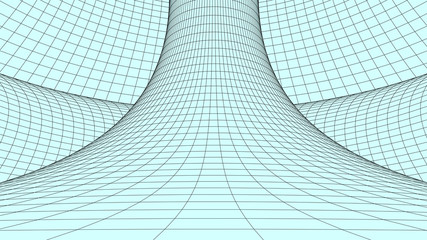 Vortex. Vector perspective curved grid. Wireframe abstract tunnel. 3D vector wormhole with a mesh structure.