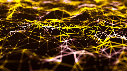 Network of bright connected dots and lines. Perspective grid of points and lines. Digital background. 3D rendering.