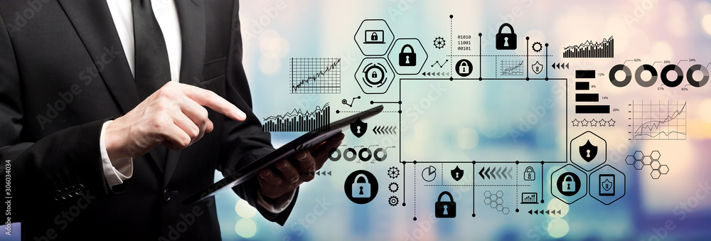 Poster cyber security theme with businessman using his tablet computer