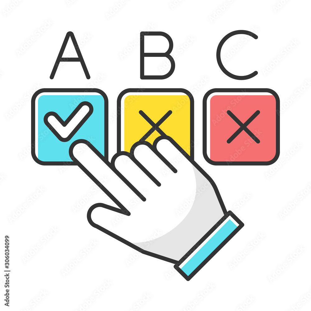 Poster choosing option color icon. hand picking checkbox. selecting answer. making decision. online survey.