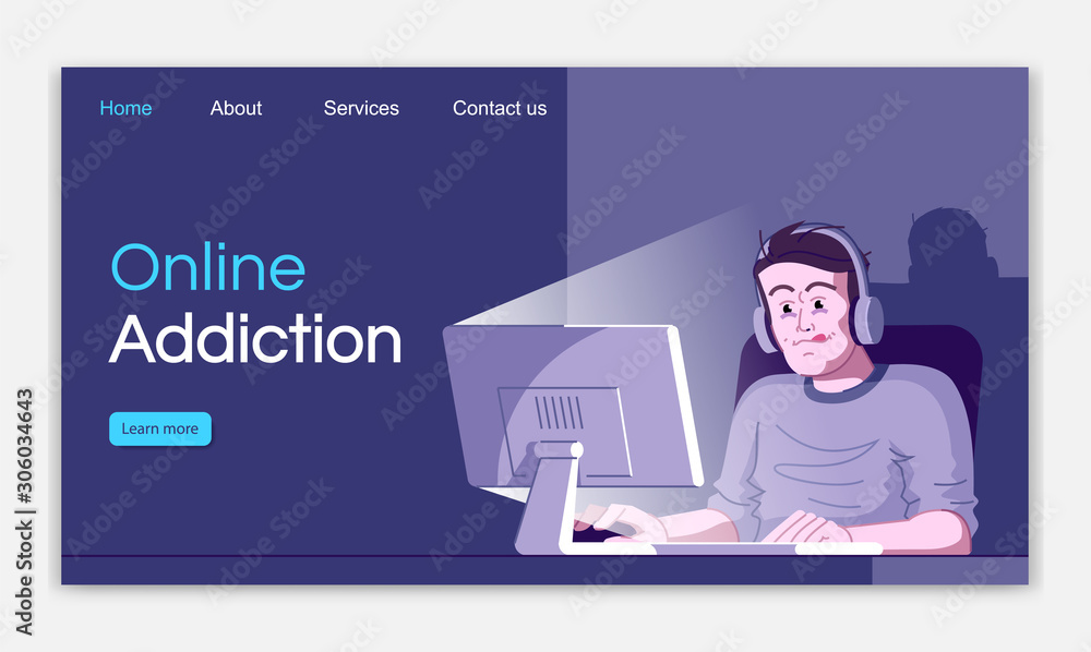 Aufkleber online addiction landing page vector template. gaming obsession website interface idea with flat ill