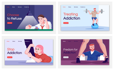 Addiction treatment landing page vector templates set. Choose to refuse website interface idea with flat illustrations. Stop addiction homepage layout. Web banner, webpage cartoon concept