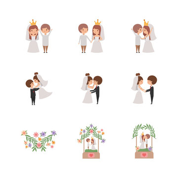 Set of brides and grooms cartoons design