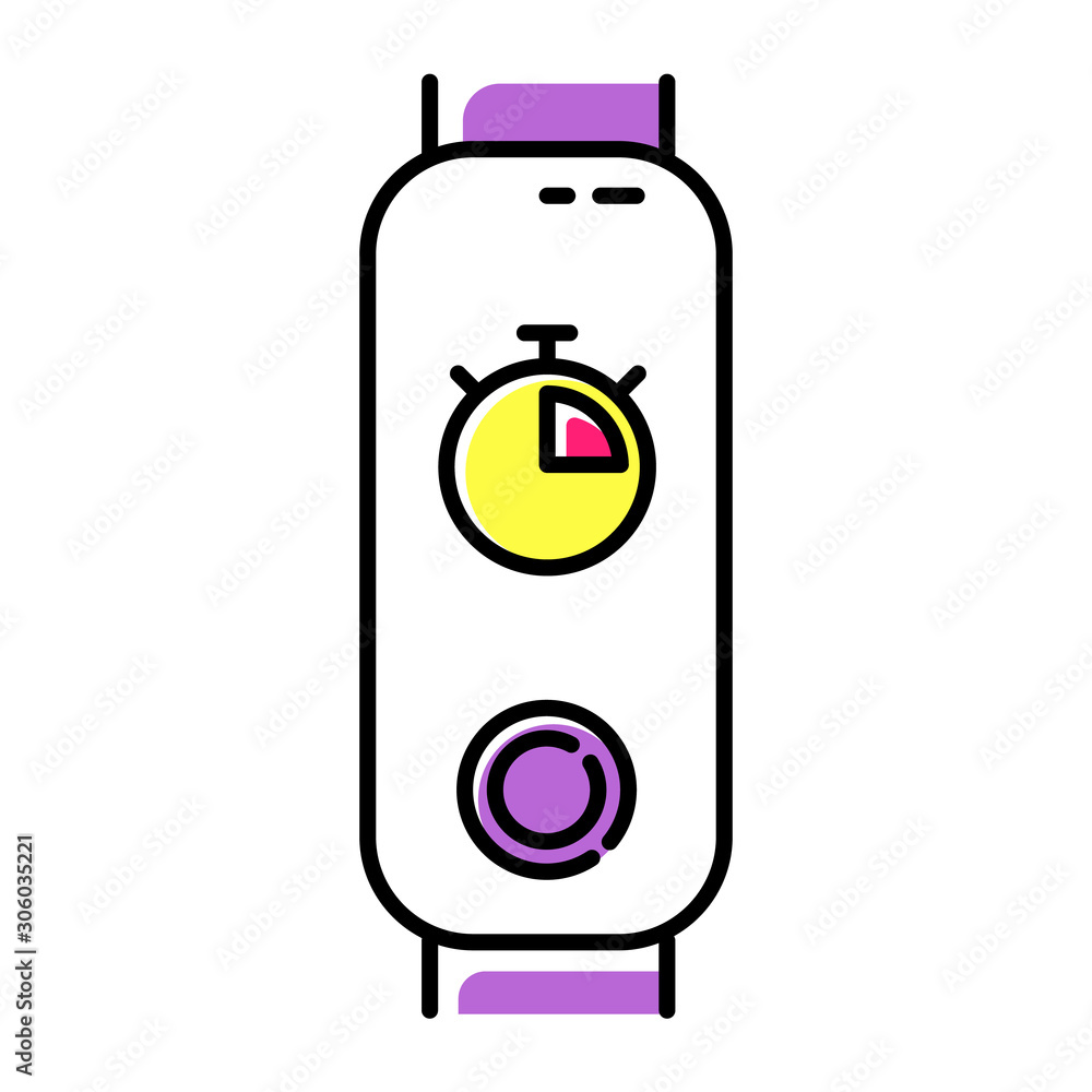 Poster fitness tracker with stop watch on display color icon. trendy wellness device with digital timer. ac