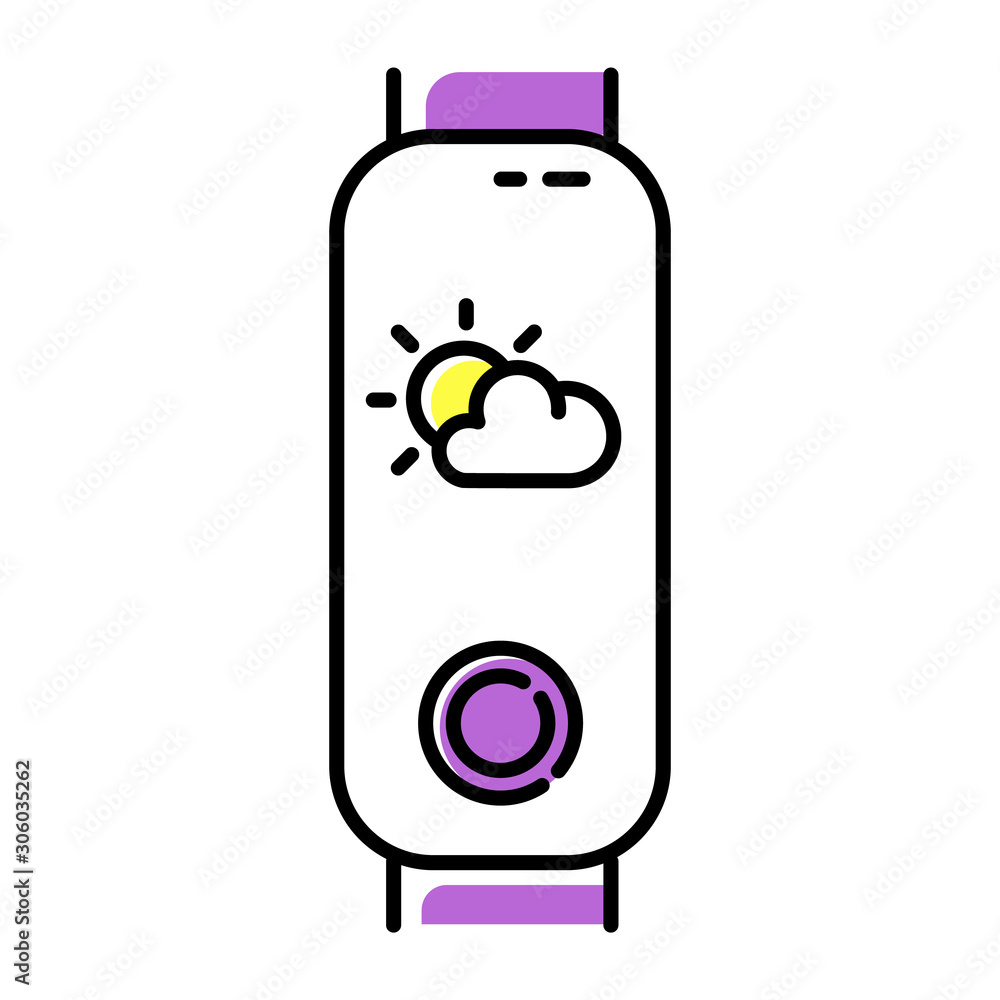 Poster fitness device with weather forecast function color icon. portable active lifestyle gadget with mete