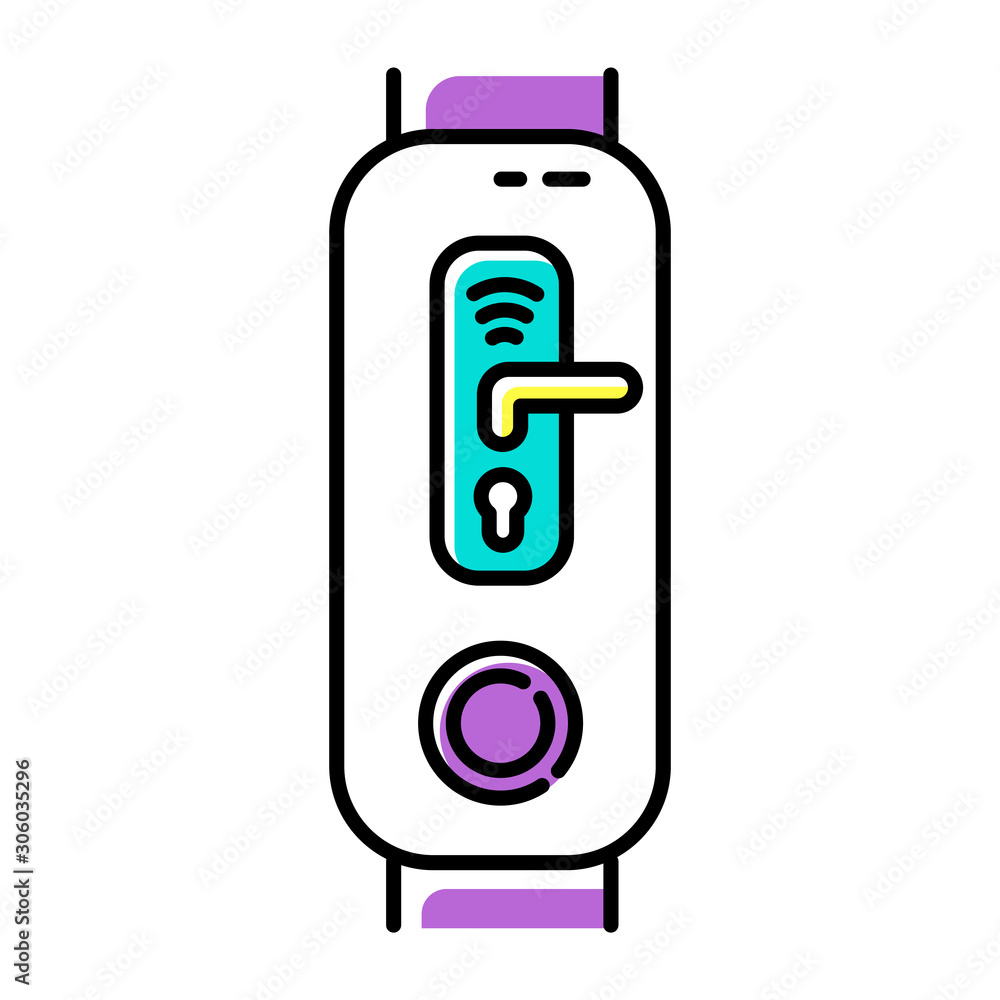 Poster fitness tracker with digital door lock function color icon. wearable device with innovative smart ho