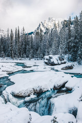Fototapeta premium Partially frozen river with blue water in winter