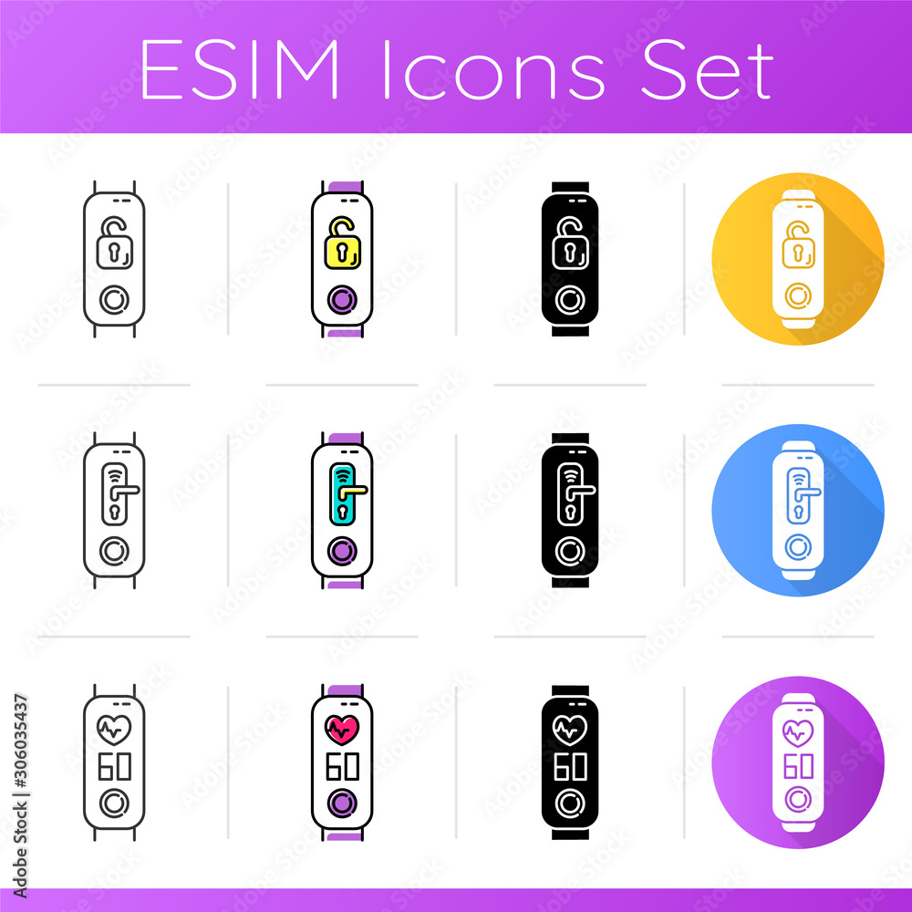 Poster fitness tracker with smart home control function icons set. device with heart rate control. open pad