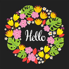 Vector illustration with frame of leaves, flowers and lettering Hello. Floral circle border on black background. Greeting card in tropical style.