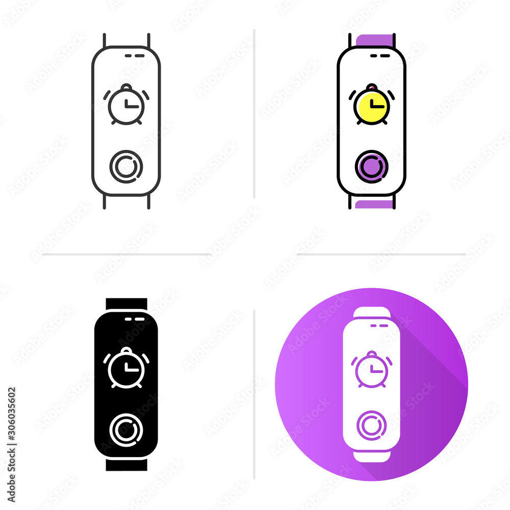 Poster fitness tracker with alarm clock function icons set. wellness device with waking up option. active l