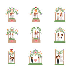 Set of brides and grooms cartoons design