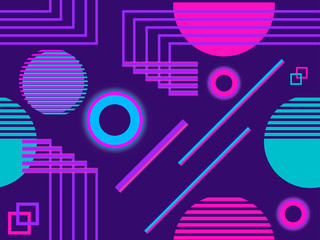 Cyberpunk seamless pattern. Retro futurism of the 80s. Neon round and linear light rays. Background synthwave. Vector illustration