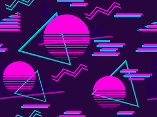 Materiał do szycia Cyberpunk seamless pattern. Retro futurism of the 80s. Memphis geometric elements. Background synthwave. Vector illustration