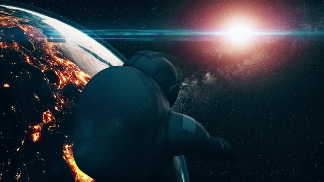 Realistic cosmonaut in outer space spinning Earth. Flying Astronaut in spacesuit turn. Illuminated planet mainland. 3d render animation. Science technology concept. 4K. Element media furnish by NASA