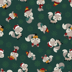 Seamless pattern with cute little foxes wearing wool hat and scarf on snowflakes green background.  Xmas Vector design for winter holidays. Child drawing style for children collection.