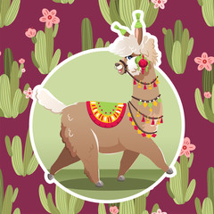 Illustration with llama and cactus plants. Vector seamless pattern on botanical background. Greeting card with Alpaca.