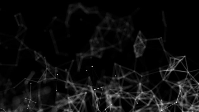 white connecting particles fly slowly against a black background. 3d render animation