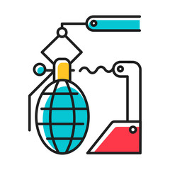 Arms industry blue color icon. Defense technology. Military sector. Weapon development, production. Preparing for war. Automatic grenades production line. Isolated vector illustration