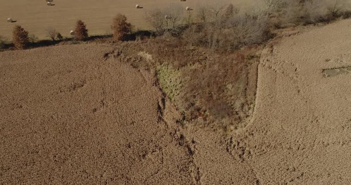 Aerial view of milo crop field tilting up to hay field