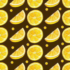 watercolor illustration Seamless pattern yellow slits and lemon slices on brown backgrounds