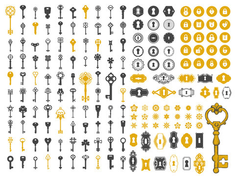 Vector illustration with design elements for decoration. Big silhouettes and icon set of keys, locks, old keyhole on black background. Vintage style.