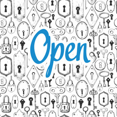 Seamless pattern. Vector set of hand-drawn antique keys, keyholes and locks. Illustration in sketch style on white background. Old design.