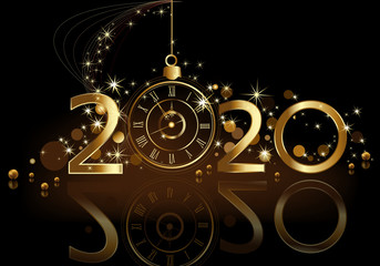 Happy New Year 2020 background, gold and black with clock