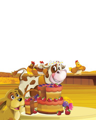 cartoon scene with cow having fun on the farm on white background - illustration for children