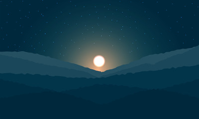 Night view landscpae. Star and moon on sky in mountain.