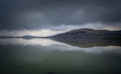 Landscape panorama of Thjorsa river and Sultartangalon lake in Iceland, Europe. September 2019